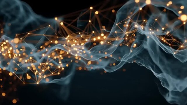 Network nodes form a complex interconnected mesh of glowing golden points and ethereal smoke streams.