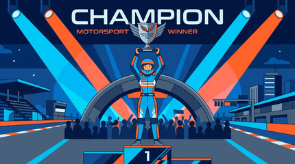 Obraz premium Vector Champion Motorsport Winner Holding Trophy Celebration Victory