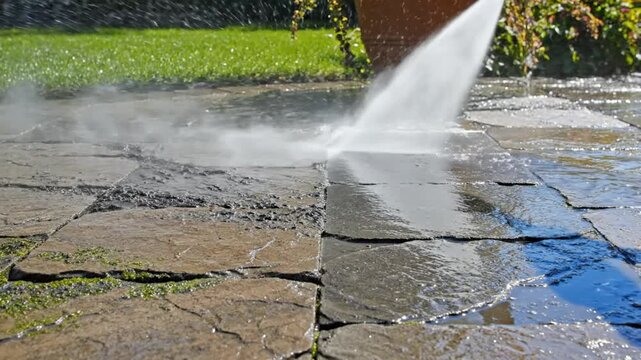 Power washing a stone patio, showcasing the effectiveness of high pressure cleaning on outdoor surfaces and grime removal.