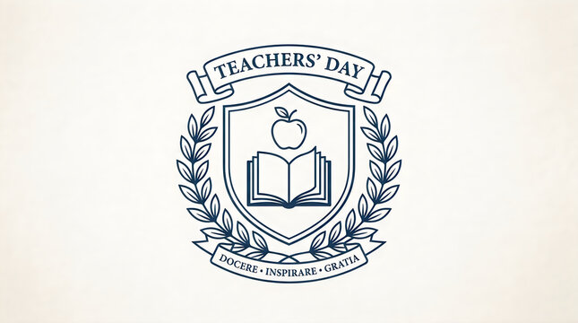 Elegant vintage emblem design for teacher's day featuring an open book and an apple inside a decorative shield crest