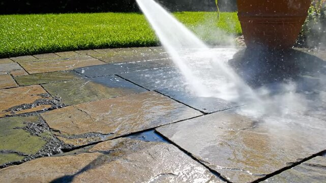Power washing stone patio, cleaning with high pressure water, steam and spray in sunlight
