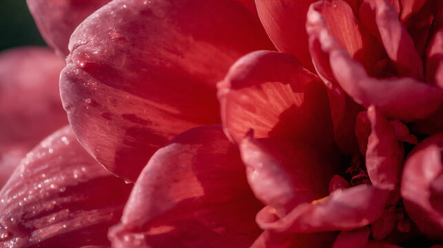 close up macro of red flower petal with intricate natural textures and vivid reddish hues soft blurred bokeh background high detail botanical art serene floral macro photography