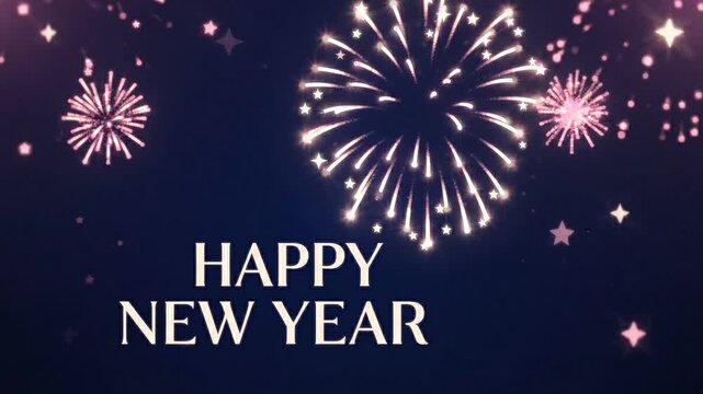 Happy new year greeting with festive pink fireworks against a dark blue night sky