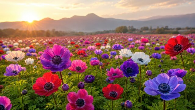 Sunrise over a colorful field of blooming anemone flowers with mountains in the background, vibrant pink, purple, red and white blossoms in a scenic spring meadow