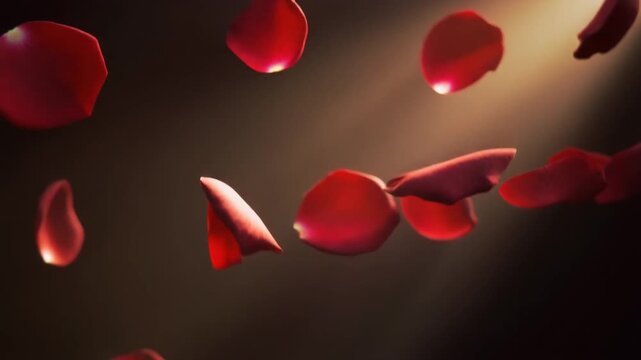 Soft red rose petals drift gently through a warm beam of light, rotating gracefully as they fall with glowing backlighting, creating a romantic cinematic atmosphere in slow motion.
