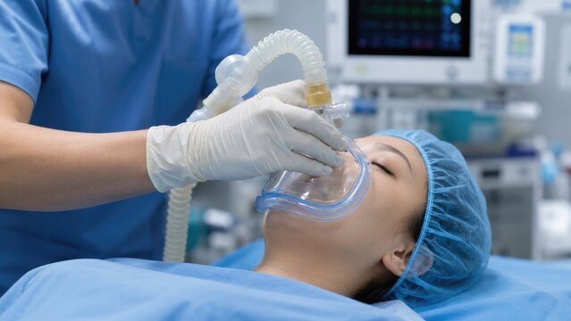 Patient receiving general anesthesia with a ventilation mask and monitoring in an operating room