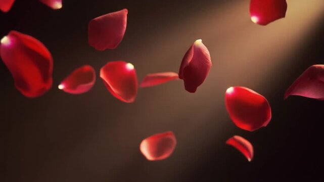 Soft red rose petals drift gently through a warm beam of light, rotating gracefully as they fall with glowing backlighting, creating a romantic cinematic atmosphere in slow motion.