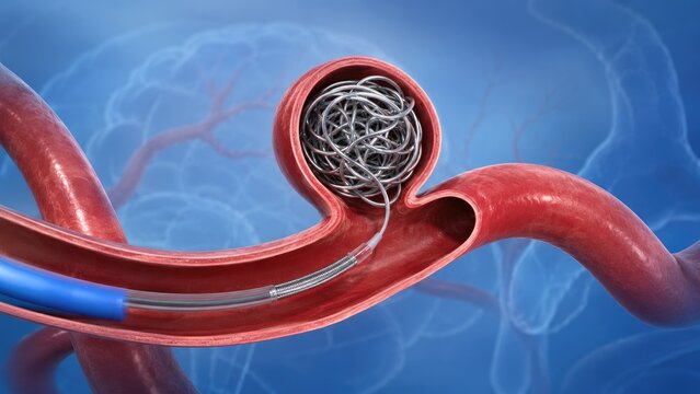 3D medical illustration of coil embolization inside a cerebral aneurysm via a microcatheter within an artery