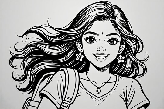 Smiling Indian student girl with backpack wears jewelry. She has long wavy hair and bindi dot. Illustration is black and white line art. Ideal for educational and fashion content.