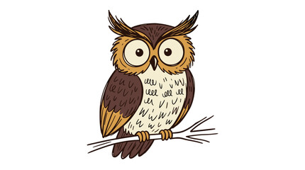 Obraz premium Brown owl with big eyes on a branch, sketch style, simple illustration, woodland bird icon