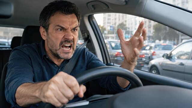 Angry man shouting and gesturing while driving in heavy city traffic, showing road rage and frustration inside a car