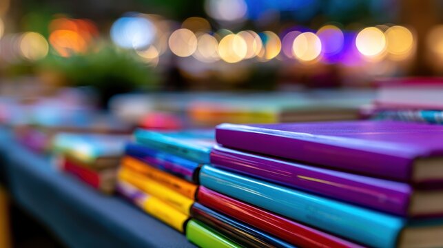 Colorful books stacked on a table with blurred, vibrant lights in the background