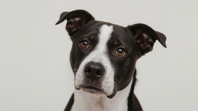 close up curious black and white dog perked ears expressive eyes studio portrait high resolution animal pet