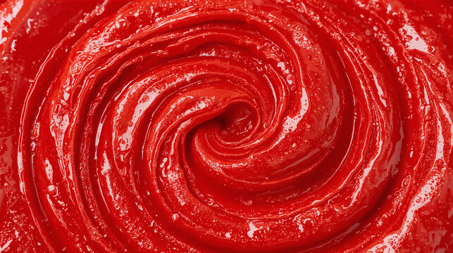 close up vibrant red glossy creamy texture swirled circular pattern smooth rich color abstract background macro photography luxurious silk paint cosmetic liquid flow art design