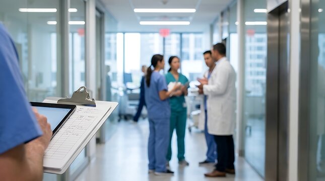 Healthcare professionals in scrubs and lab coats conversing in a modern hospital hallway, with a nurse reviewing patient charts in the foreground.