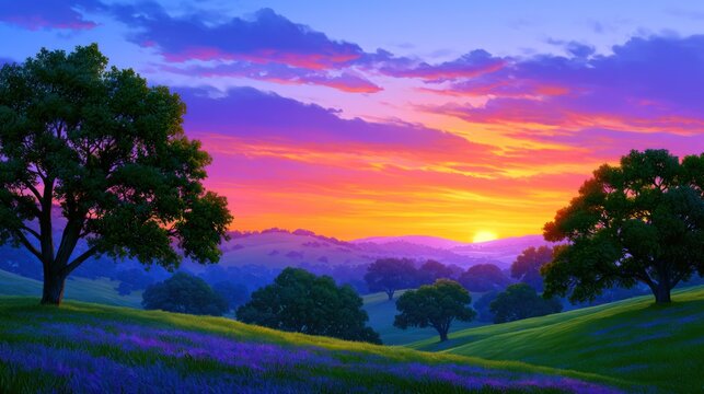 Vibrant sunset over rolling hills with scattered trees and blooming purple flowers in lush greenery