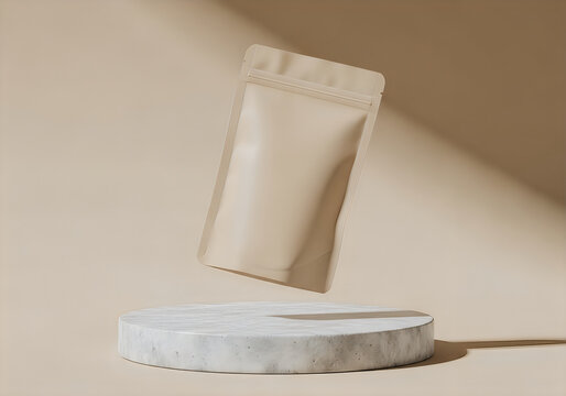 Brown stand up pouch on marble pedestal