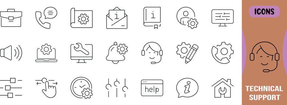 Technical support settings service icons. gear icon set, phone icon set, wrench icon set
