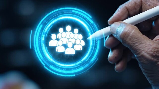 Person using a stylus to interact with a digital group of people icon hologram