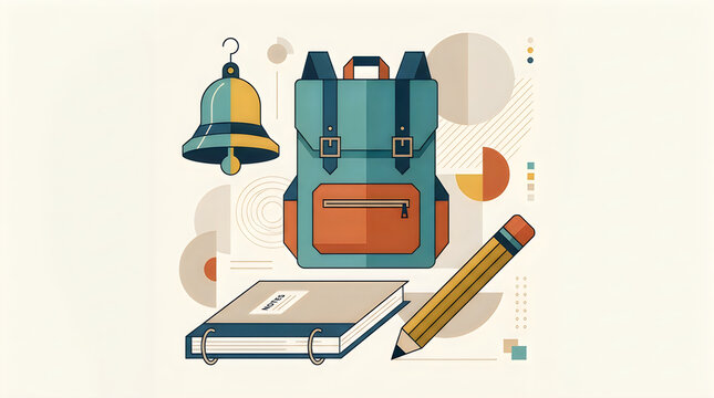 Flat vector illustration of school supplies like a backpack bell and pencil for celebrating the annual teacher's day event