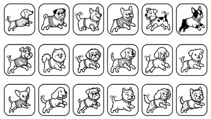 Obraz premium 18 Adorable Small Dog Icons: Sweaters Collars Playful Jumping Wagging Alert, Vector Outline Sheet
