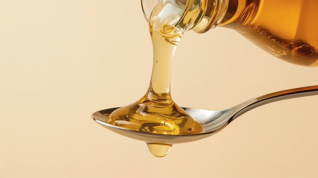 golden honey syrup pouring from glass bottle into silver spoon warm glowing liquid drizzle sweet organic texture kitchen photography food splash macro close up soft beige background culinary richness