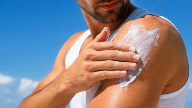A man applies white sunscreen lotion onto his tanned shoulder against a bright blue sky.