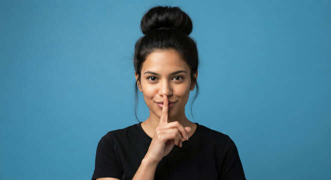 A woman with her hair in a bun holds a finger to her lips asking for silence against a solid blue background.
