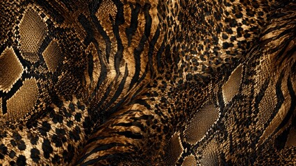 Naklejka na ściany i meble Rich mixed animal print collage featuring snake, leopard and tiger patterns in golden brown tones