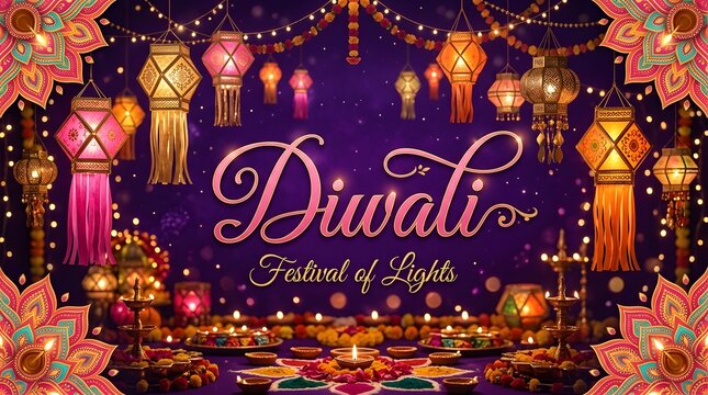 Diwali festival of lights background with traditional hanging lanterns