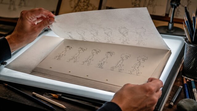 Hands flipping animation sheets on a lightbox showing pencil-drawn character walk cycle with pencils and studio workspace tools