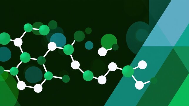 Abstract pattern with green molecules and geometric shapes on a dark background
