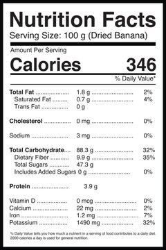 Dried Banana Nutrition Facts Label | Nutrition Information per 100g