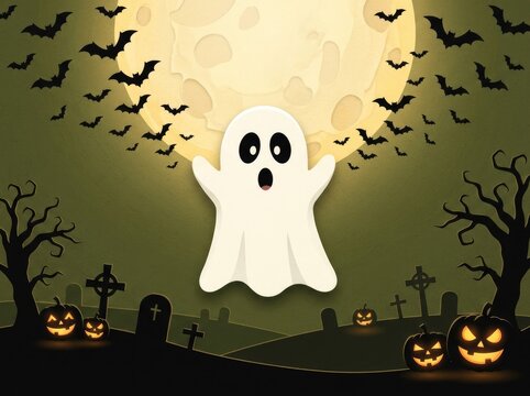 A spooky halloween background featuring a cute ghost flying in front of a full moon tonight