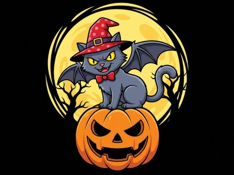 Cute cartoon bat cat wearing a witch hat sitting on a spooky halloween jack o lantern