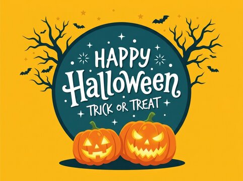 Happy halloween greeting card design with glowing pumpkins and spooky trees on a vibrant orange background