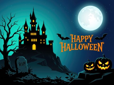 Spooky haunted castle with glowing pumpkins and full moon background for a festive happy halloween celebration