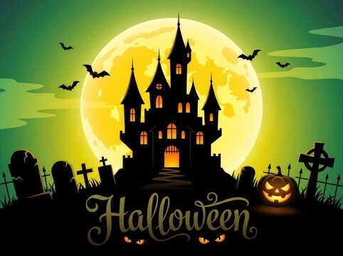 Spooky haunted castle silhouette with a glowing full moon and pumpkin for a festive halloween background