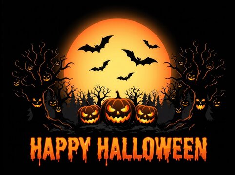 Spooky halloween background featuring glowing jack o lanterns under a full moon with flying bats silhouettes