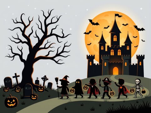 Group of children in costumes trick or treating at a spooky haunted house for halloween night