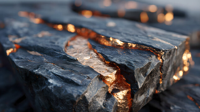 Close up of natural copper veins embedded in bedrock, rich copper metallic luster, realistic geological rock texture, emphasizing advanced energy storage materials and strategic mineral significance