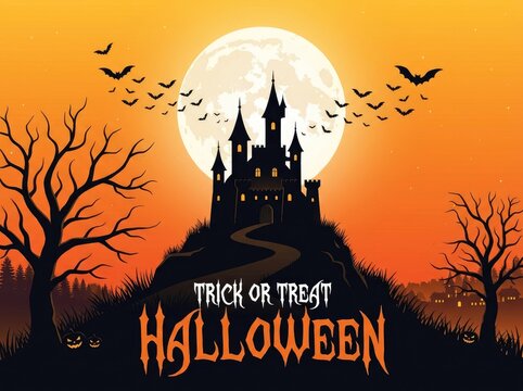 Spooky haunted castle silhouette under a full moon for a festive halloween trick or treat background