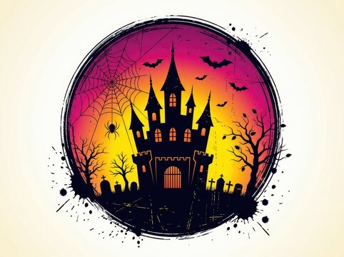 Spooky haunted castle silhouette against a vibrant sunset sky for a festive halloween party background design