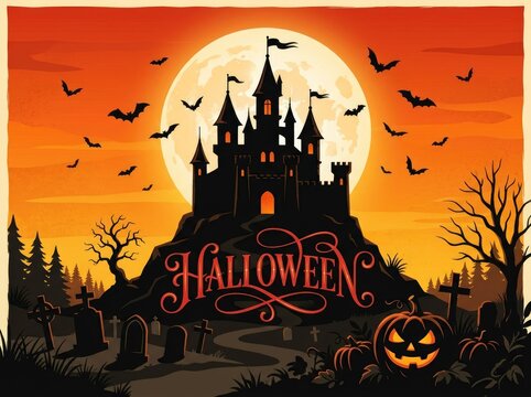 Spooky haunted castle silhouette with a large full moon for a festive halloween night background design
