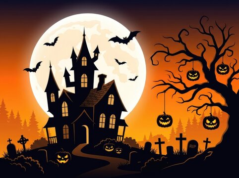 Spooky haunted mansion with a full moon and flying bats for a festive halloween background illustration