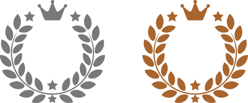Laurel wreath frame featuring crown and three stars for premium award, luxury emblem, winner badge, achievement, and royal recognition vector design.