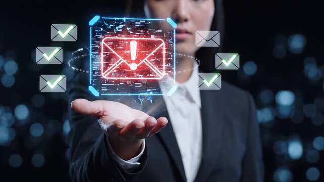 Businesswoman holding a glowing digital email alert icon with exclamation mark
