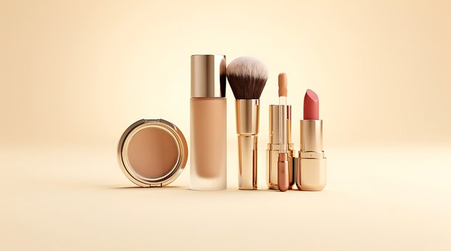 Cosmetic products including foundation lipstick and makeup brush arranged on a neutral background.