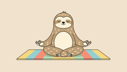 Fototapeta premium Relaxed cartoon sloth meditating in lotus position on a colorful striped yoga mat with eyes closed in peace.