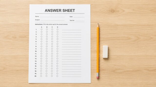Overhead view of an Answer Sheet with multiple-choice bubbles, a yellow pencil and white eraser on a wooden desk, minimal composition for testing or school use